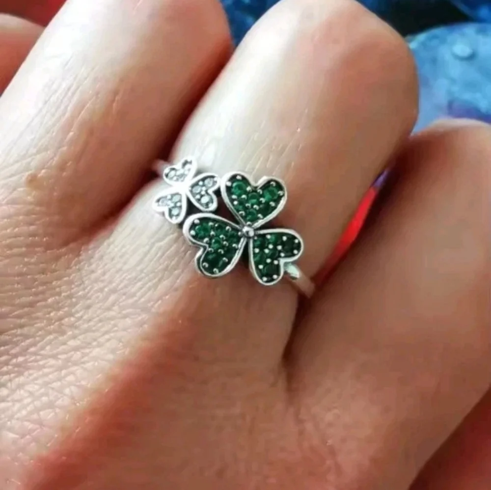St Patrick Shamrock Irish Green CZ Flower Lucky Clover Ring 925 Sterling Silver